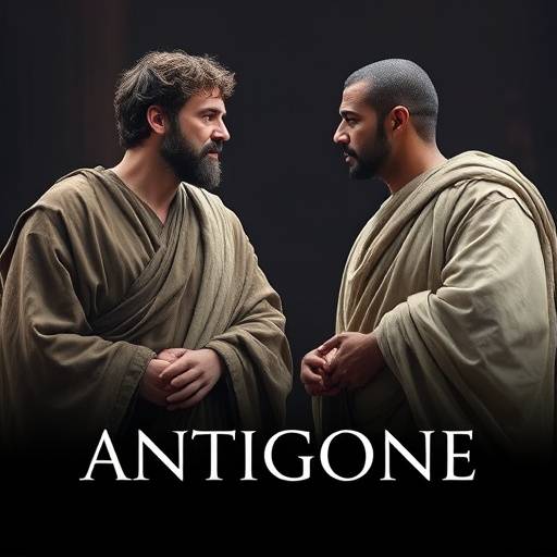 Poster der Aufführung 'Antigone' mit zwei Schauspielern in antiken Gewändern.