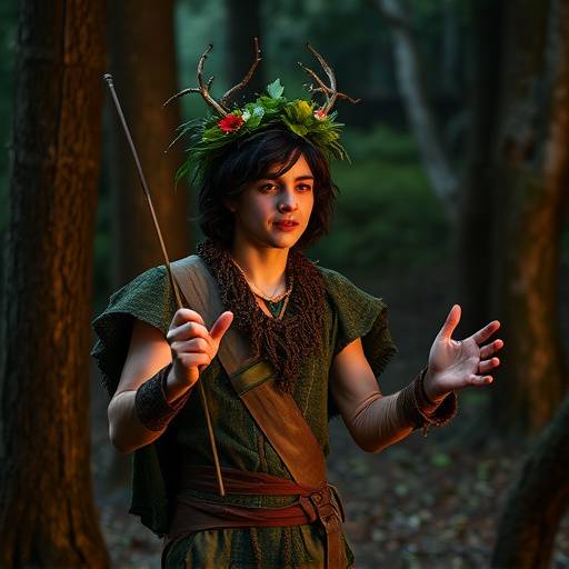 Szene aus 'Ein Sommernachtstraum' mit Puck, dargestellt von einem Studenten in einem Waldkostüm.