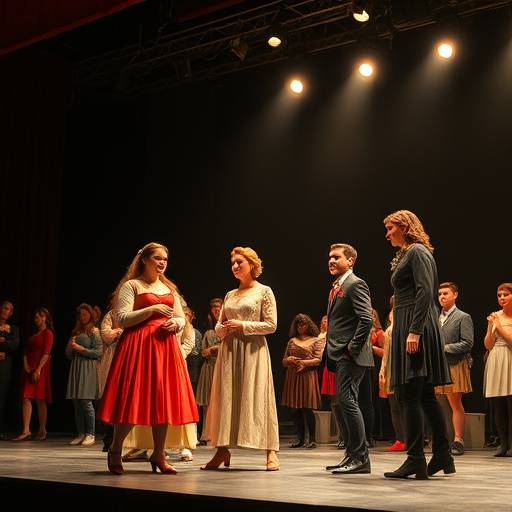 Szene aus einer studentischen Theateraufführung in der Schauspielakademie Zürich. Zwei Schauspieler in Kostümen agieren auf der Bühne.